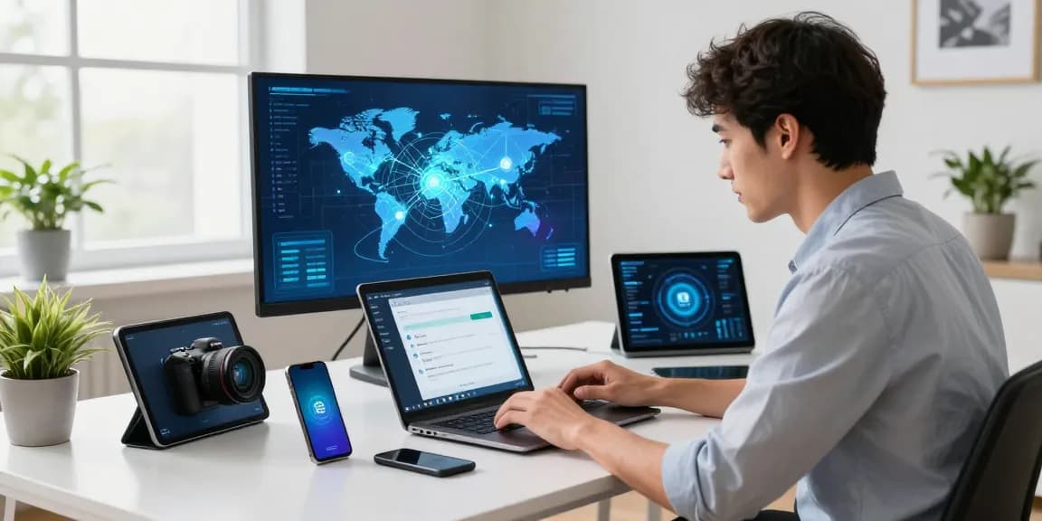 Young professional optimizing the 快连 network application on multiple devices in a modern workspace.