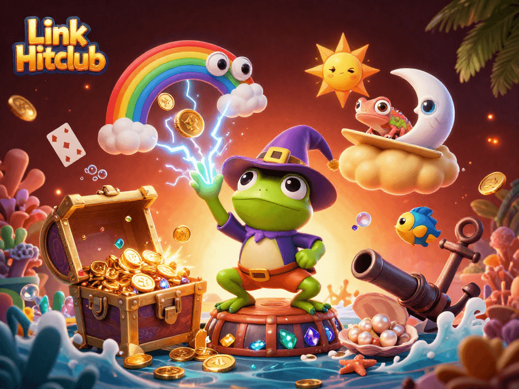 Experience the thrill of online gaming with Link Hitclub amid a storm of golden coins and vibrant characters.