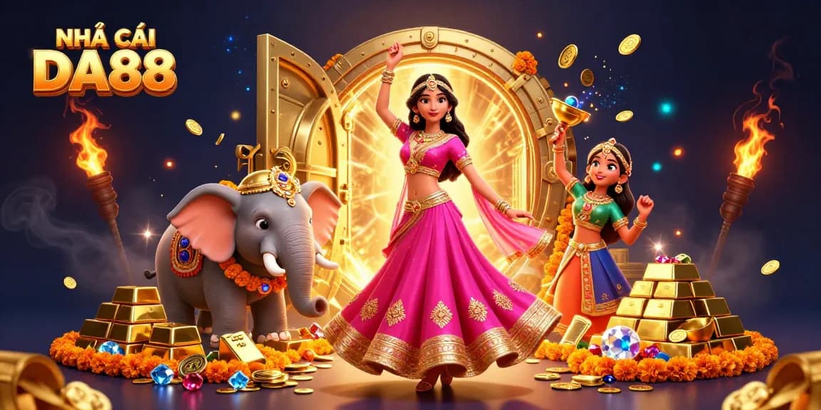 Engage with NHÀ CÁI DA88 through a vibrant casino-themed 3D illustration featuring lucky charms and golden treasures.