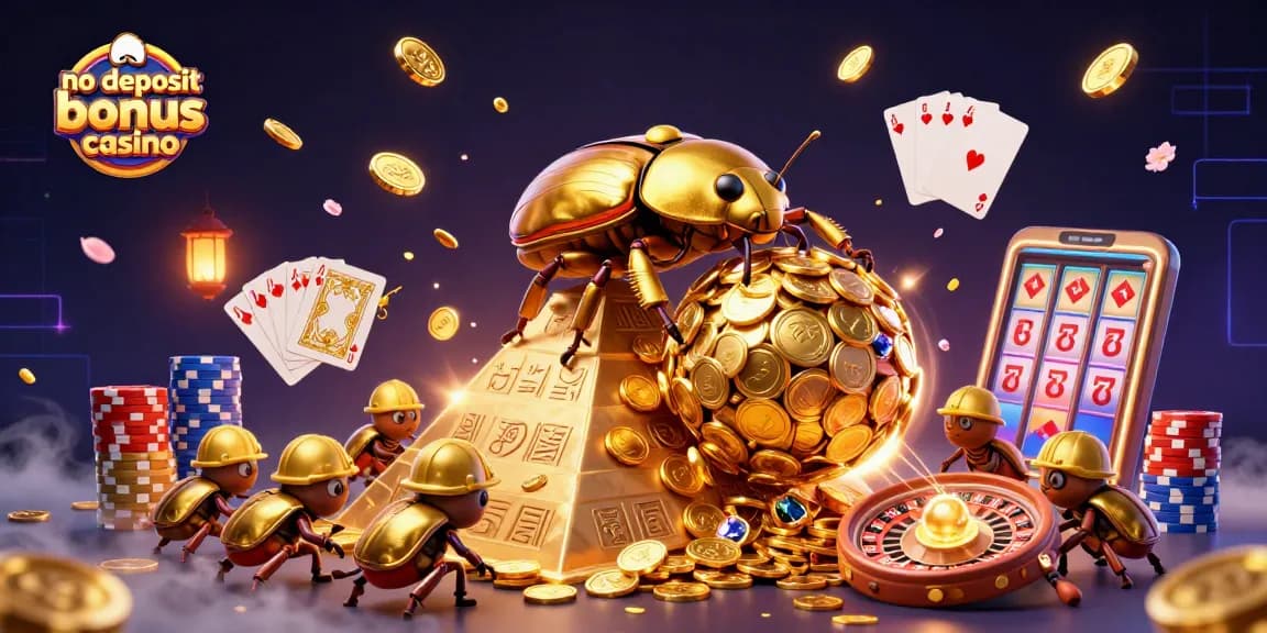 Experience the thrill at no deposit bonus casino with golden beetles and casino symbols.
