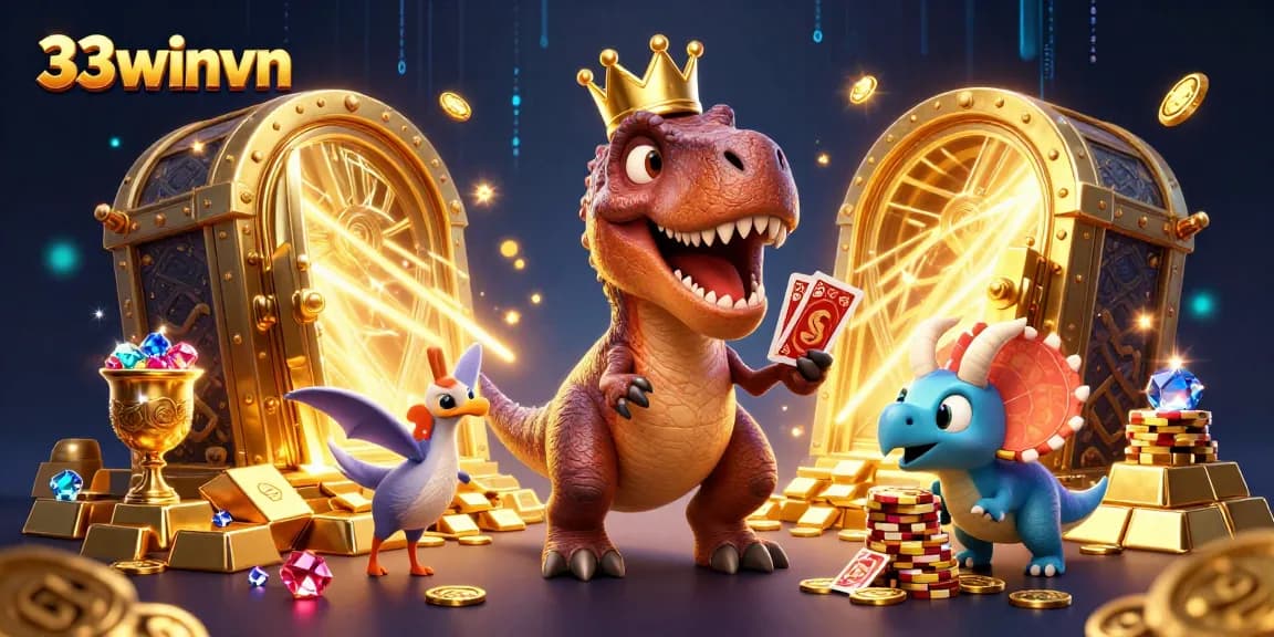 Engage with 33winvn's thrilling 3D casino experience featuring card-playing dinosaurs and treasure galore.