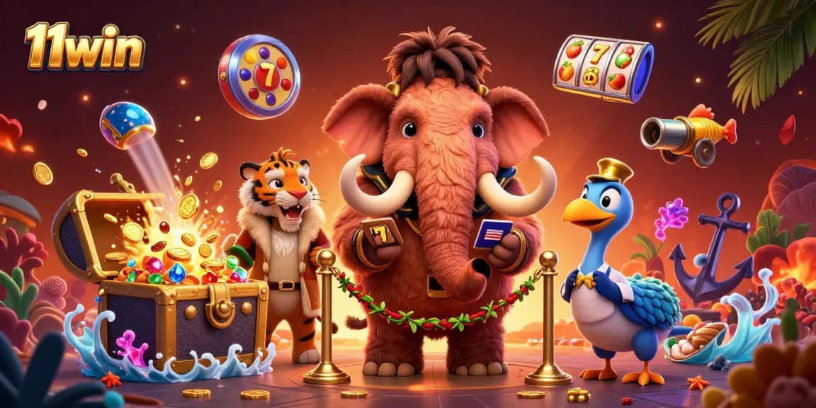 Experience the thrill of 11win with a vibrant casino scene featuring cartoon characters and dynamic game elements.