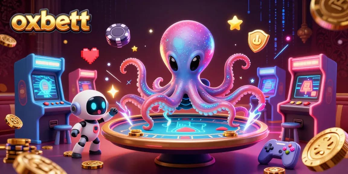 Engage with the exciting world of oxbett as a playful alien octopus operates a dazzling poker table in this vibrant casino scene.