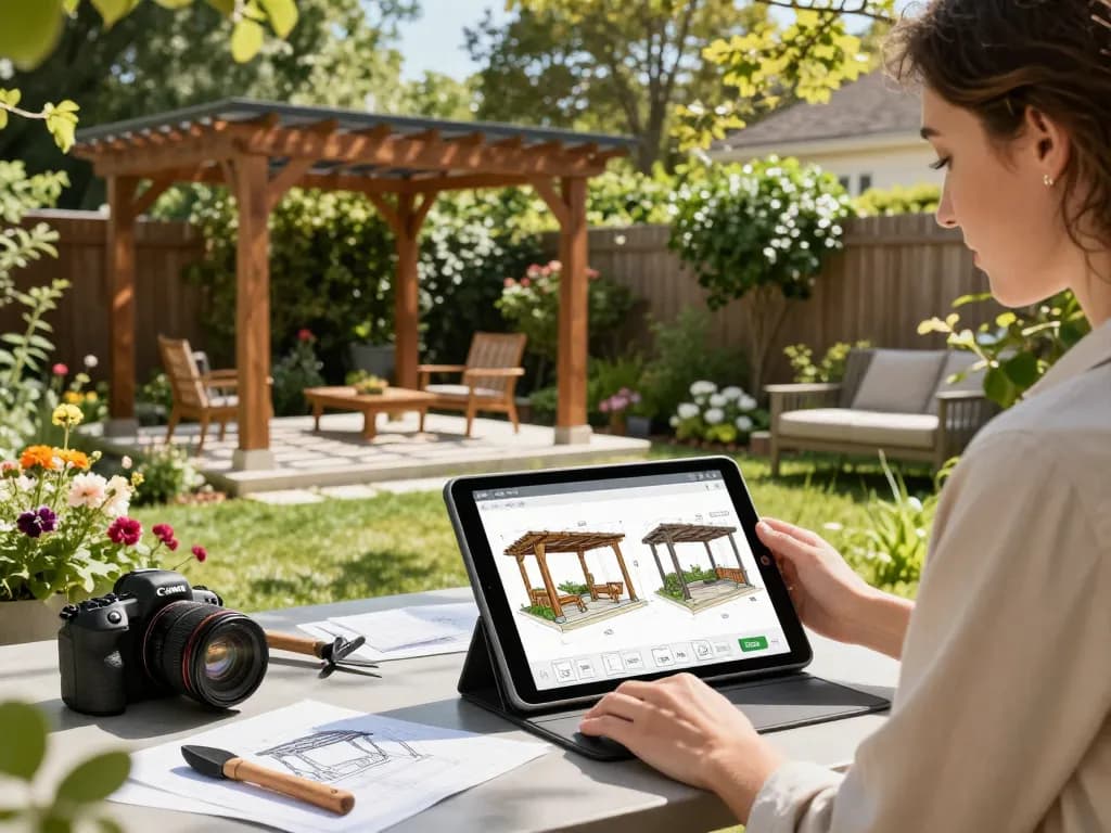 Designing customized 3D pergolas with a 3D Pergola Configurator in a sunny backyard.