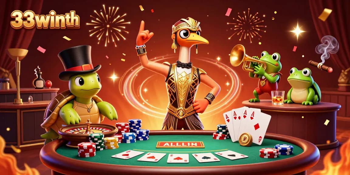 Get ready to play at 33winth with colorful casino elements and charming characters celebrating.