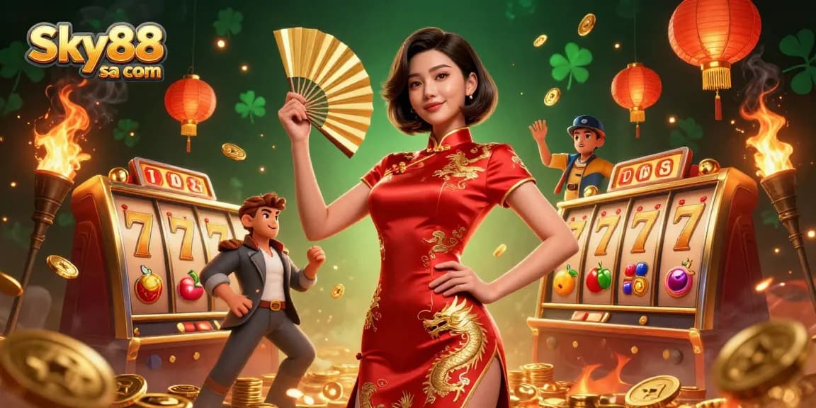 Immerse in Sky88 sa com's vibrant gaming world as a confident player wins at slots surrounded by dazzling gold coins.