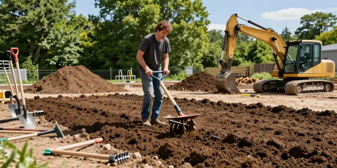 Ground preparation Ottawa with professional landscaper tilling soil for planting, showcasing high-quality landscaping efforts.