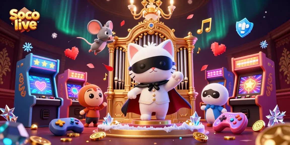 Watch Soco live with an engaging 3D casino-themed illustration showcasing charming characters and vibrant game elements.