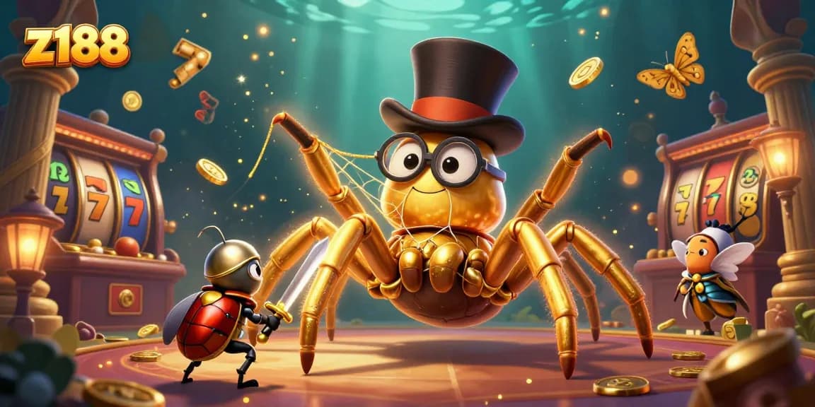 Engage in thrilling gaming adventures at z188 with a vibrant scene of slot reels and a golden tarantula.