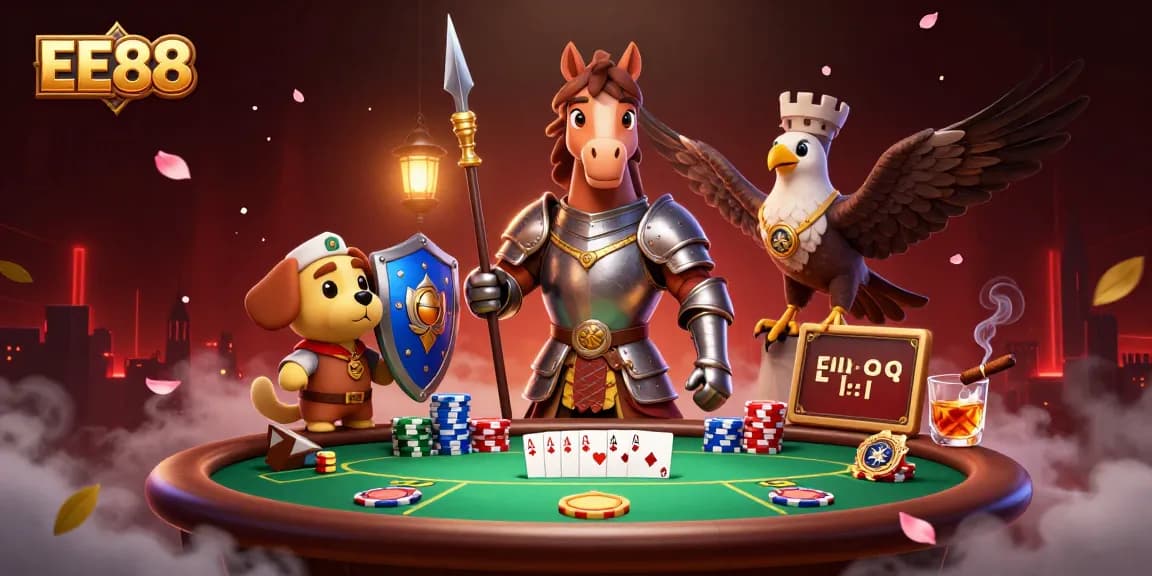 Engage in expert gameplay at EE88 with a vibrant poker scene featuring knights and game elements.