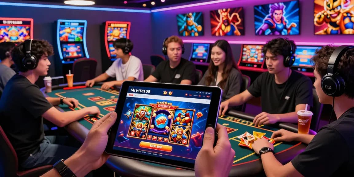 Exciting gaming atmosphere as players TẢI HITCLUB on tablets, engaged in live casino and slot games.