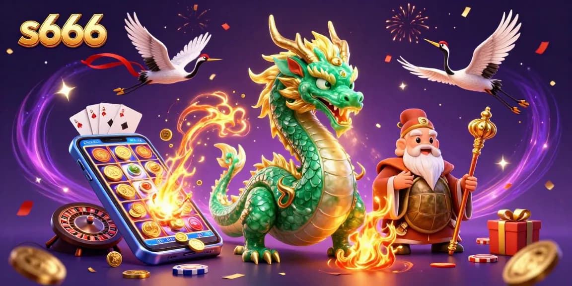 Experience s666 with an emerald dragon, fortune symbols, and dynamic gaming elements in a vibrant casino setting.