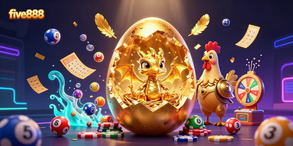 Experience the excitement of five888 with a dynamic illustration featuring a golden dragon and poker chips.