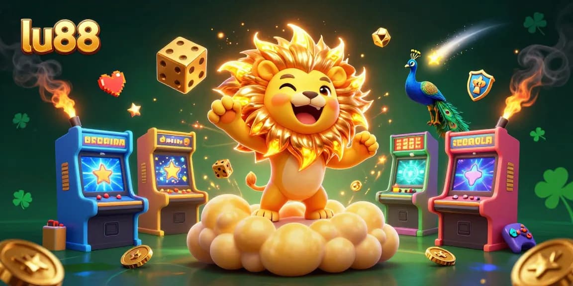 lu88 celebrates with a roaring sun lion in a vibrant 3D casino scene filled with games and golden elements