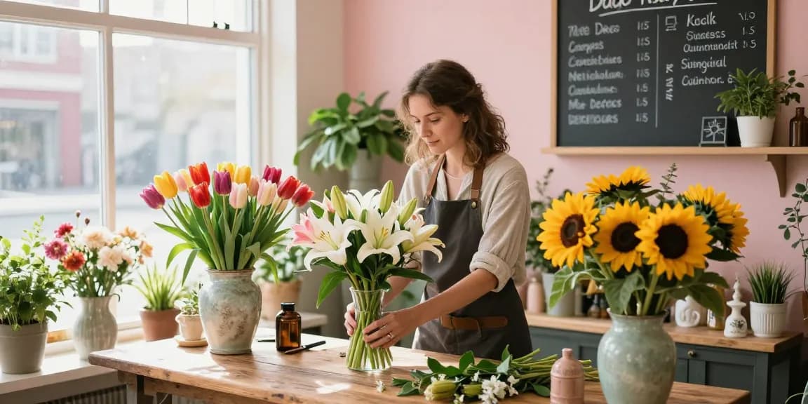 St Albert florist arranging a colourful bouquet in a charming shop filled with seasonal flowers and inviting decor.