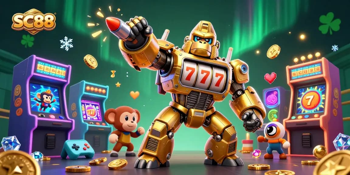 Experience the exciting thrills of SC88 with a dynamic golden gorilla mech and casino game elements.