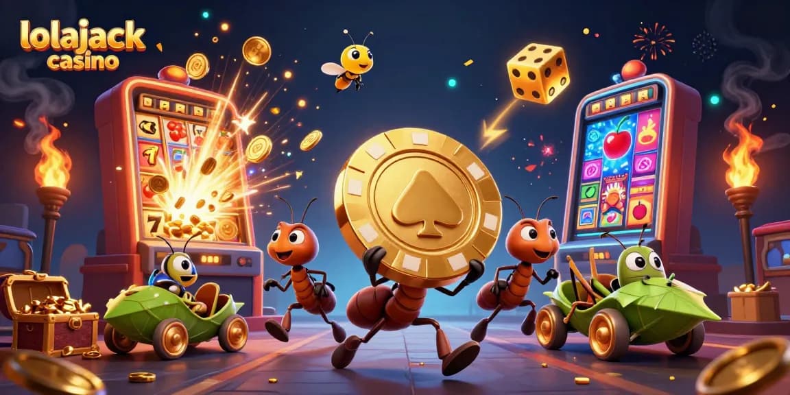 Join the lolajack casino adventure with lively ants carrying a giant poker chip amidst a burst of casino excitement.