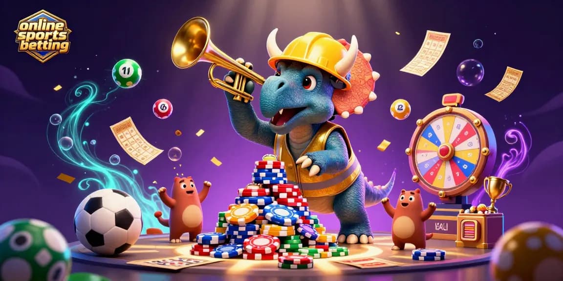 Engage in online sports betting action with a lively illustration featuring a dinosaur building poker chips.