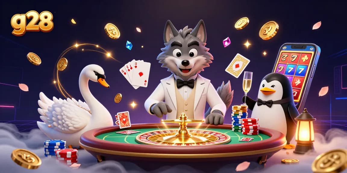G28 showcases players winning at a baccarat table with colorful poker chips and golden coins.