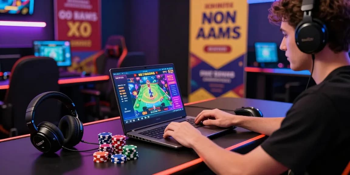 Scena di gioco emozionante di casino non AAMS con un giocatore impegnato a una scrivania moderna stilizzata, che mostra un'interfaccia di gioco colorata e accessori.
