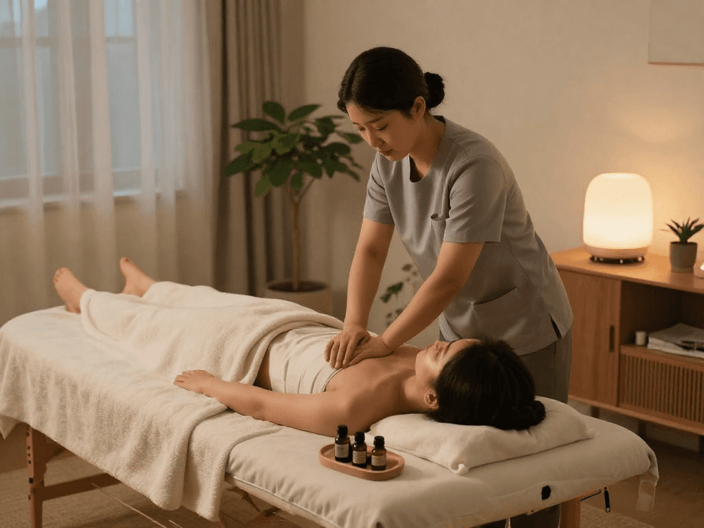 시흥출장안마 service in a cozy living room with a Korean therapist and ambient lighting.