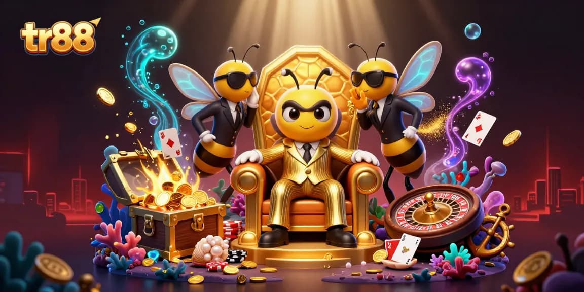 tr88 showcases a vibrant casino scene with a cartoon bumblebee mob boss, surrounded by gold coins and playing cards.