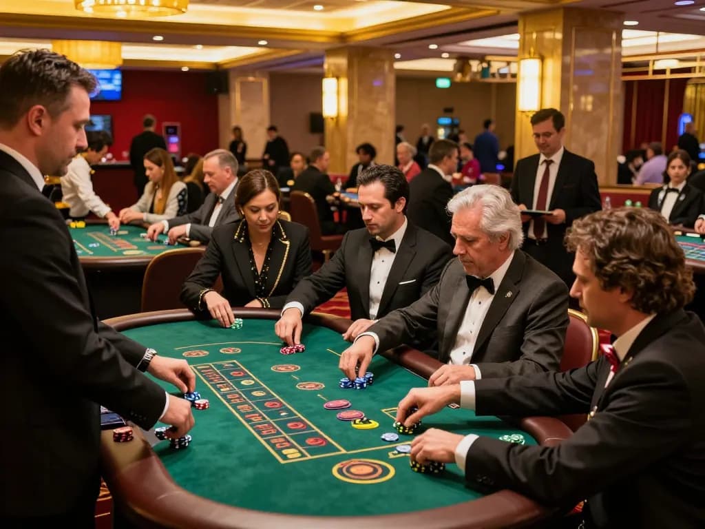 Exciting casino gameplay with players engaging at multiple tables, enjoying 79 số đỏ action amidst vibrant atmosphere.