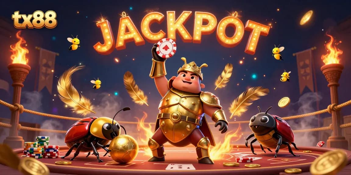 Experience excitement with tx88 as a golden armor beetle holds a poker chip amidst swirling casino elements.