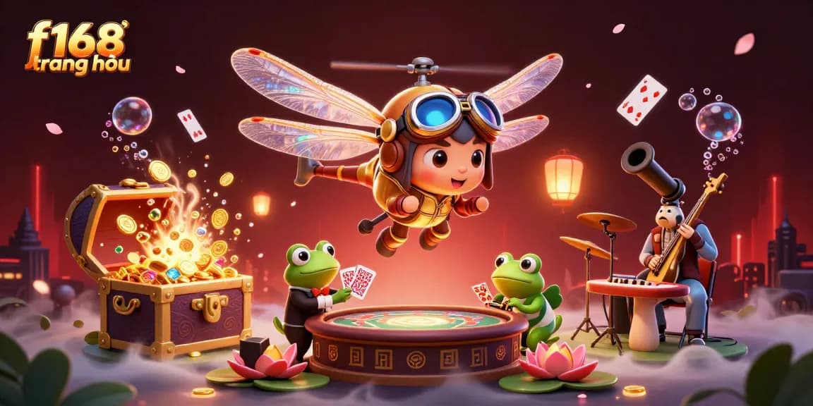 Experience exciting gaming at f168 trang chủ with vibrant illustrations of a dragonfly pilot and frog croupier.