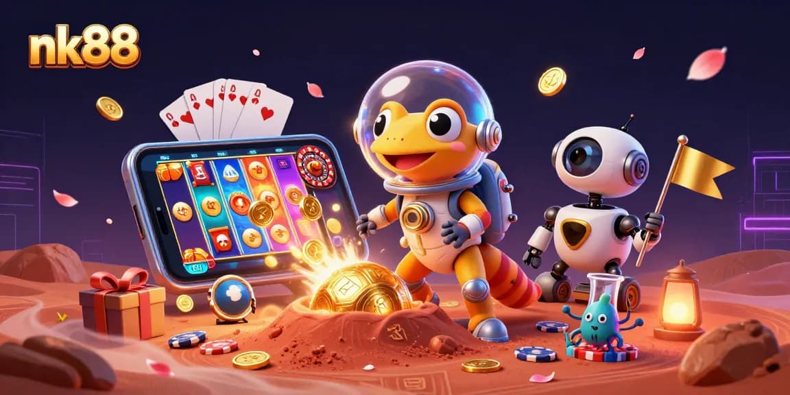 Experience the thrill of nk88 as a Martian gecko uncovers treasures in a golden casino with vibrant gaming elements.