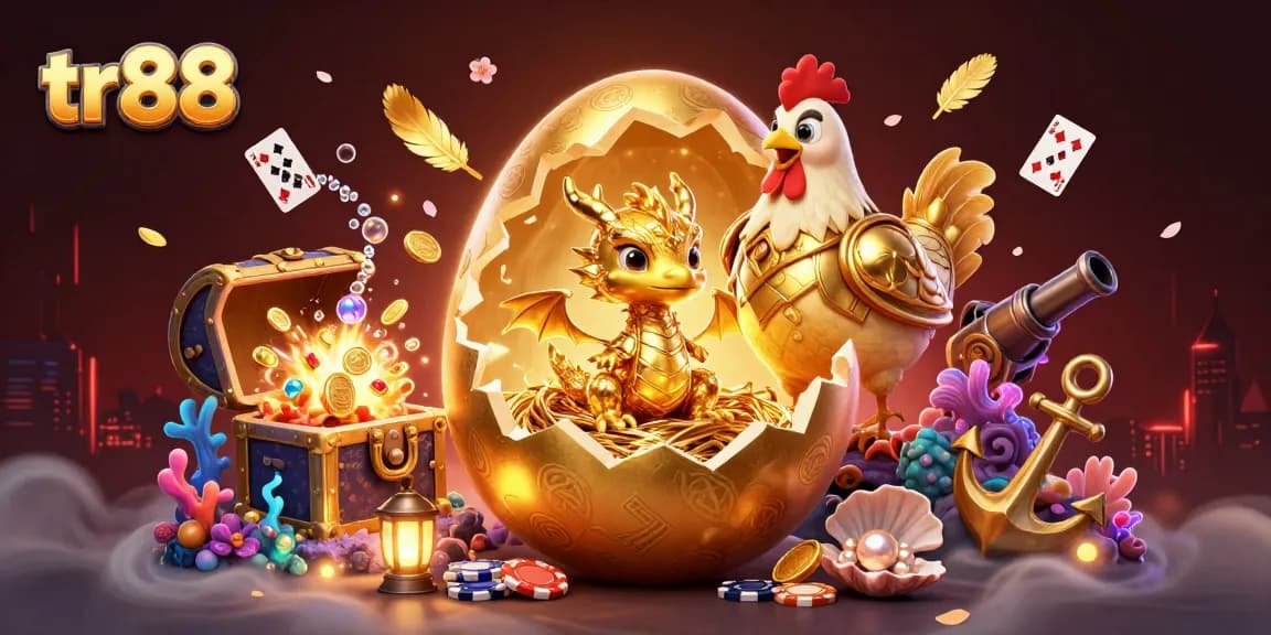 tr88 showcases a 3D dragon emerging from a golden egg amidst poker chips, symbolizing thrilling casino excitement.