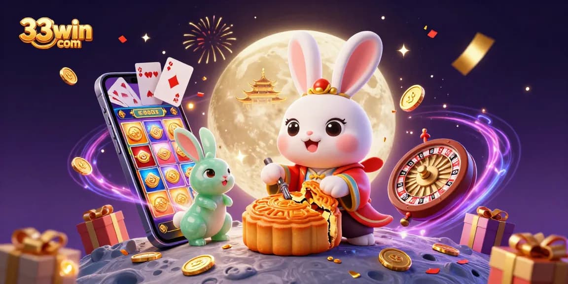 Engage with exciting games on 33win com, featuring vibrant illustrations of a moon rabbit and casino themes.