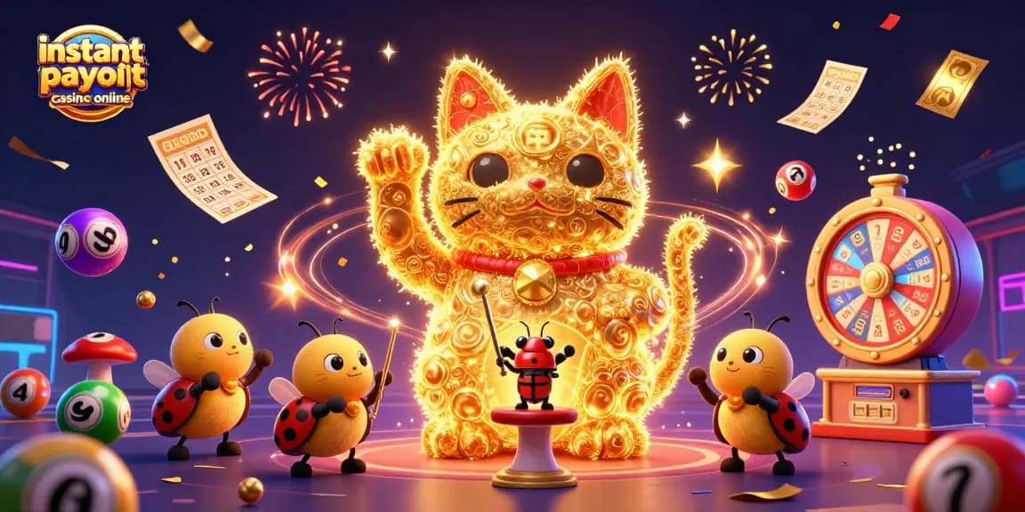 Experience instant payouts at this vibrant digital illustration of an instant payout casino online featuring a lucky cat and festive elements.