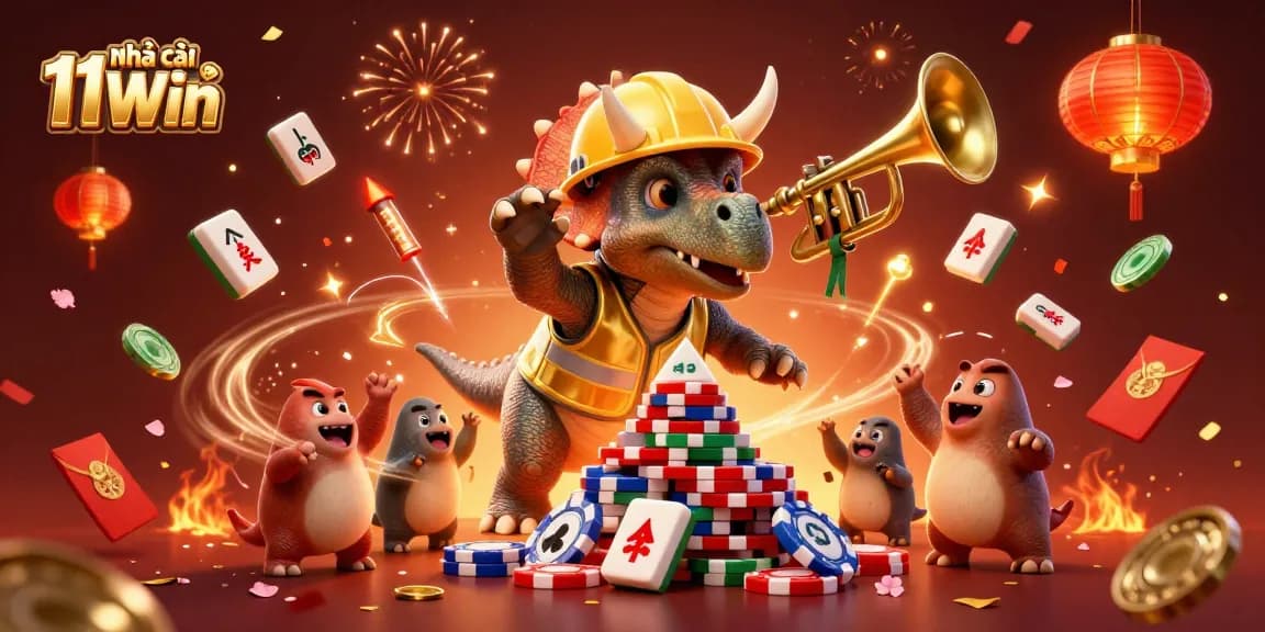 Celebrate gaming excitement with Nhà cái 11Win, featuring a triceratops building poker chip pyramids.