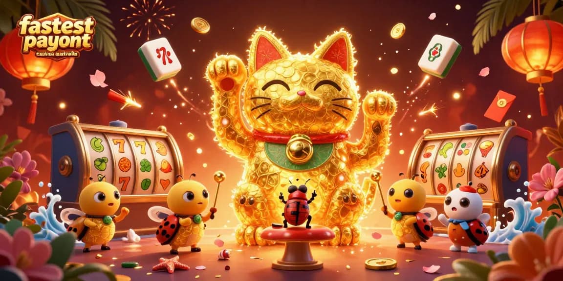 Experience the excitement of fastest payout casinos Australia through a vibrant lucky cat and gaming symbols.