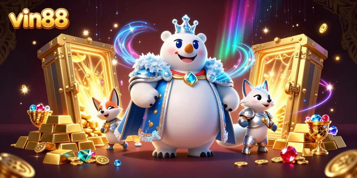 Experience the excitement of vin88 with a dynamic casino-themed 3D illustration full of treasures.