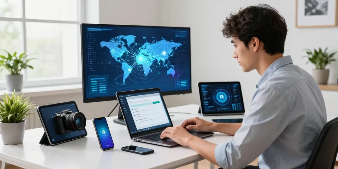 Young professional optimizing the 快连 network application on multiple devices in a modern workspace.