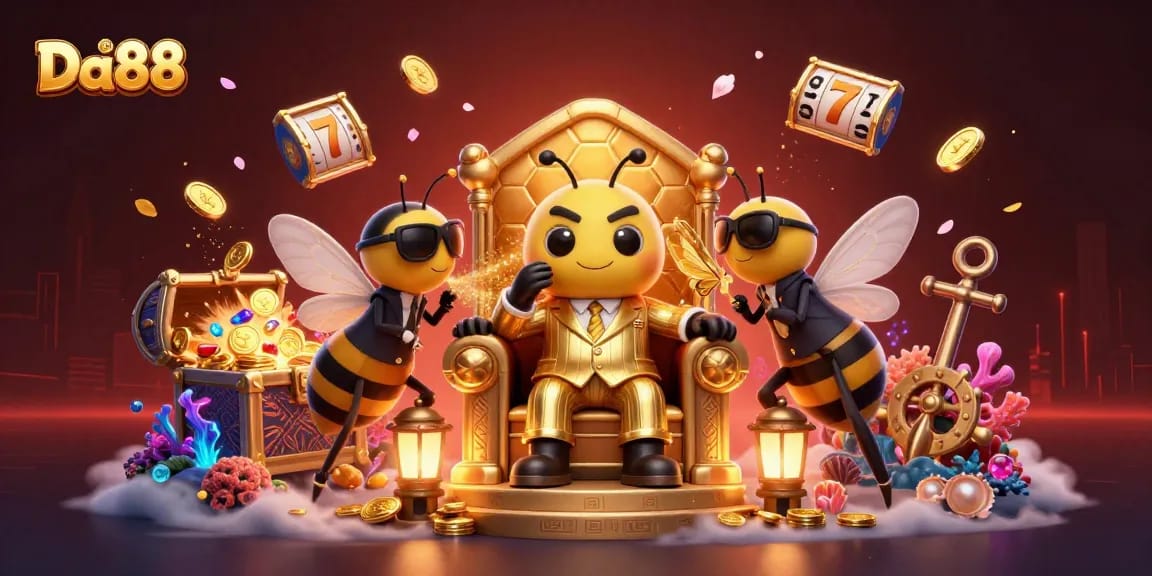Experience Da88 in an energetic casino scene featuring a bumblebee mob boss and colorful slot elements