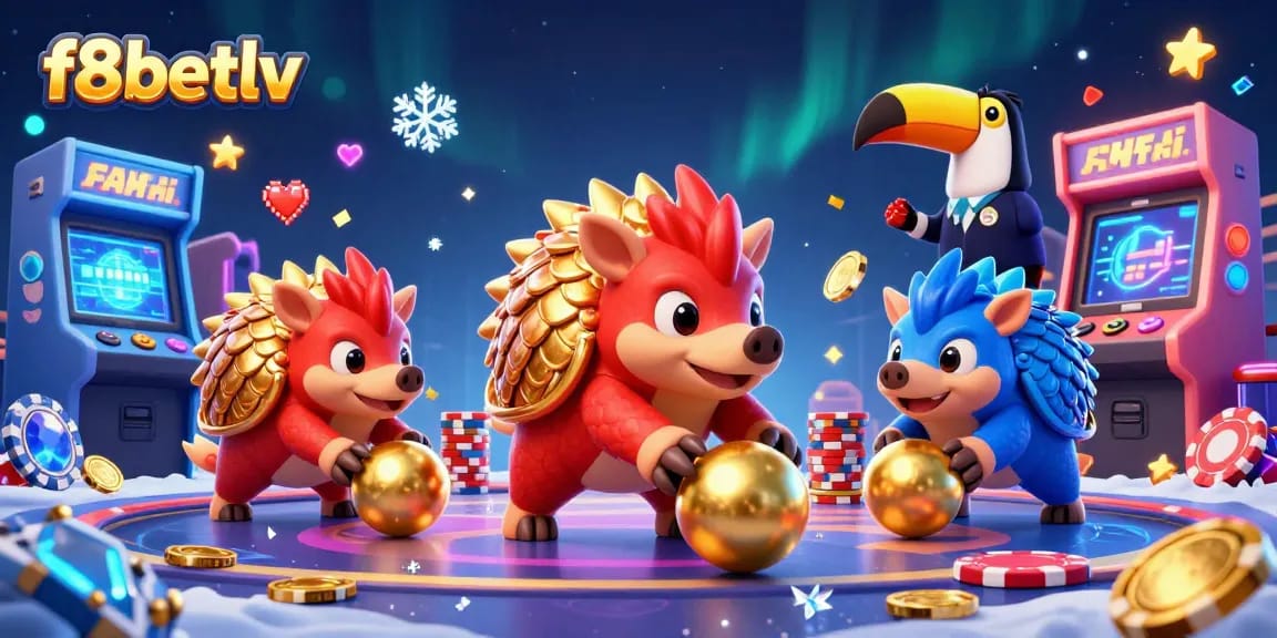 f8betlv pangolins duel over poker chips in a vibrant casino scene with arcade games