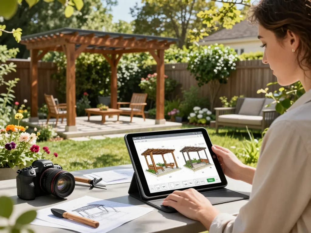 Designing customized 3D pergolas with a 3D Pergola Configurator in a sunny backyard.
