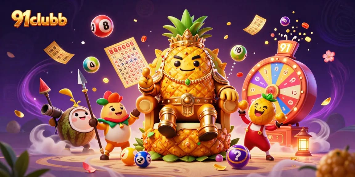 Engage with 91clubb's vibrant casino scene featuring a pineapple king, dynamic game elements, and festive atmosphere.