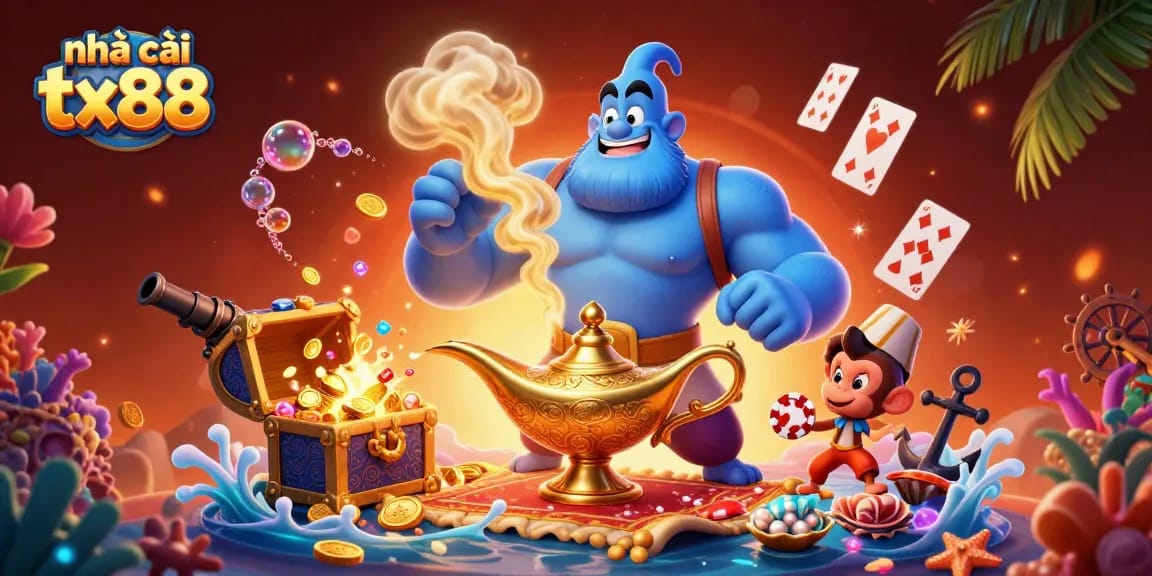 Experience the magic of nhà cái tx88 with a vibrant scene featuring a genie and poker chips.