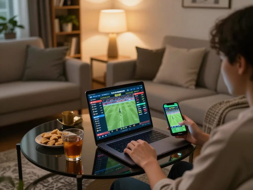 Engaging with kèo nhà cái 88 betting odds on a laptop in a cozy home environment