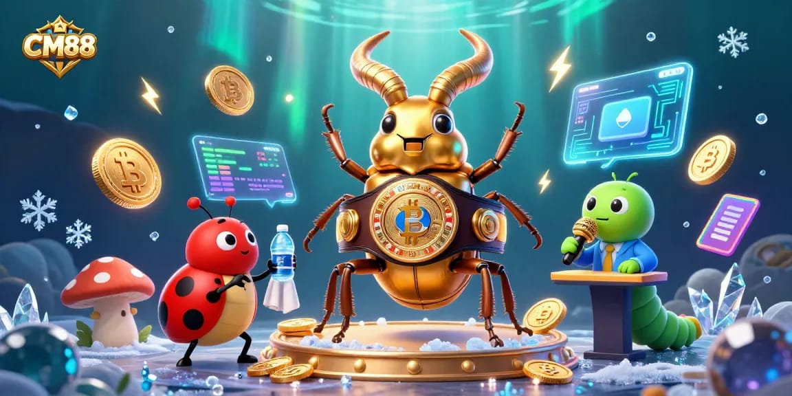Engage with CM88 in this vibrant 3D casino scene showcasing a glowing stag beetle and gaming elements.