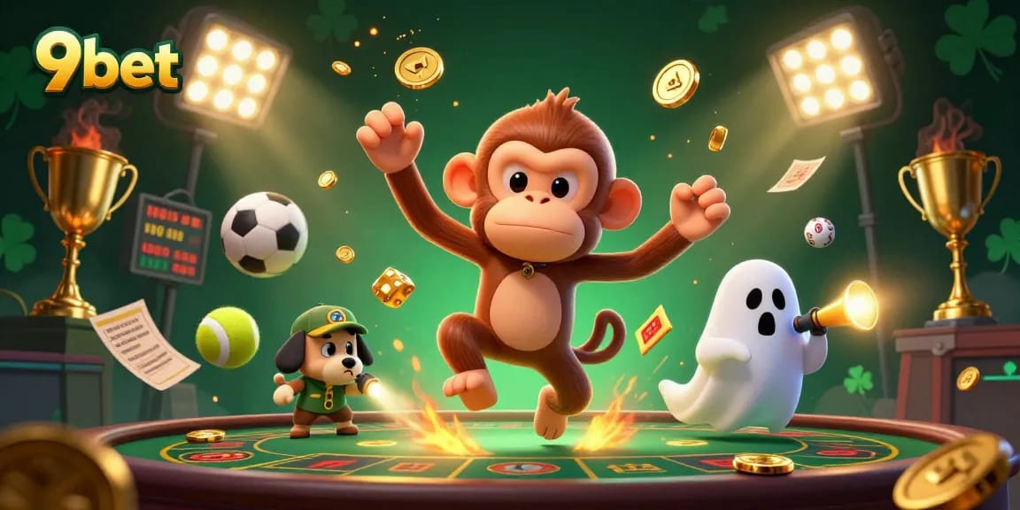 Engage with 9bet's lively haunted casino scene showcasing a poltergeist monkey juggling golden treasures.