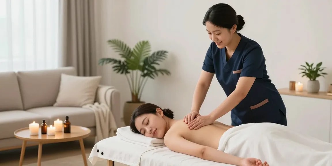 안산출장마사지 service with a professional therapist providing a Swedish massage in a tranquil home setting.