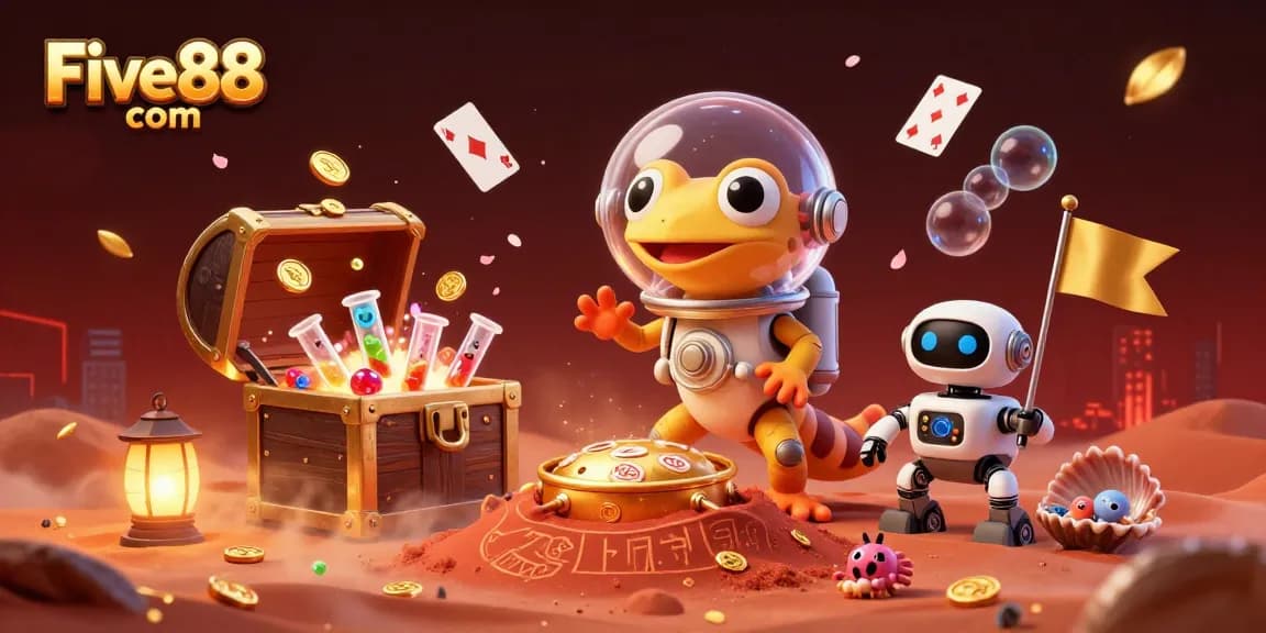 Experience the excitement at Five88 com with a Martian gecko discovering a golden casino on Mars!