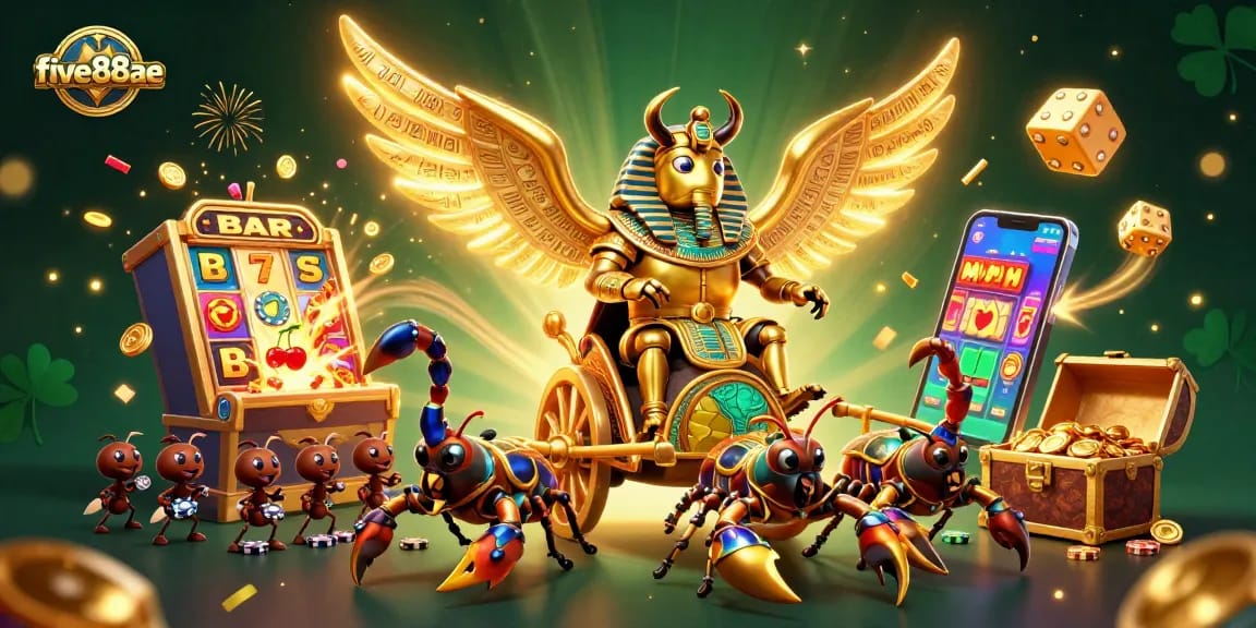 Experience the thrilling five88ae jackpot with golden beetles, scorpions, and casino symbols exploding.