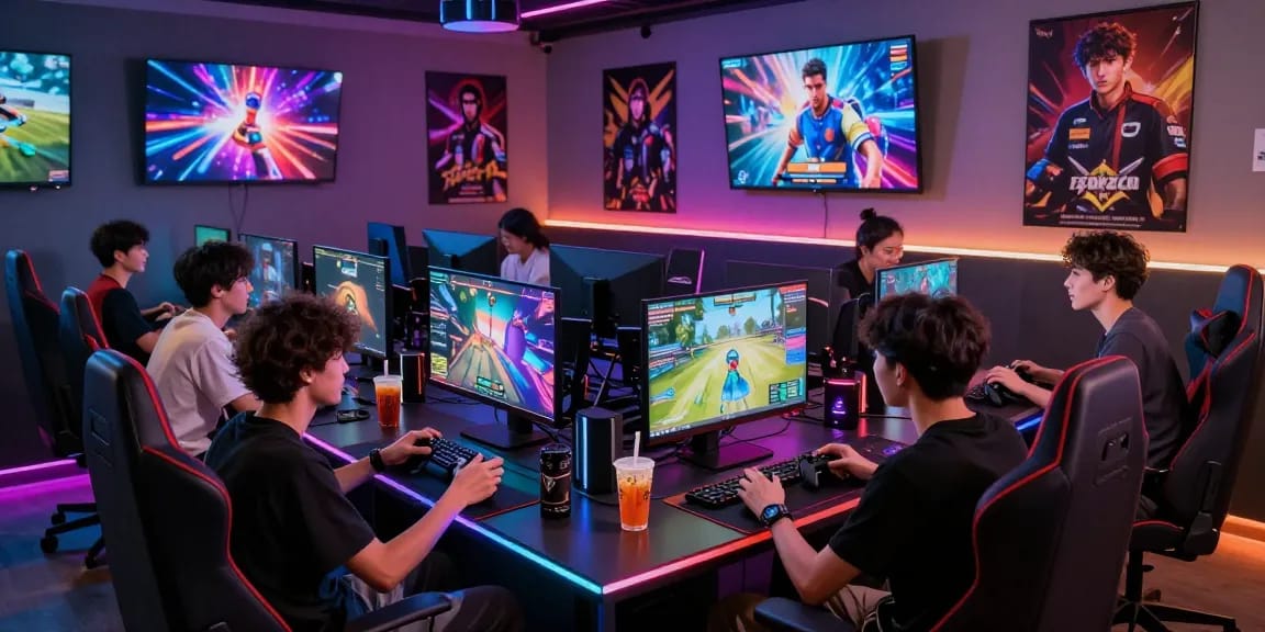 Group enjoying iwin gaming experience in a vibrant lounge with LED lights.