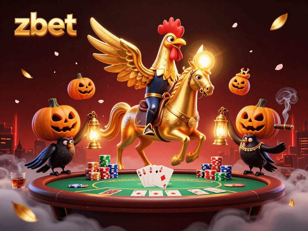 Zbet showcases a golden rooster representing luck, amidst vibrant casino elements in this stunning 3D illustration.
